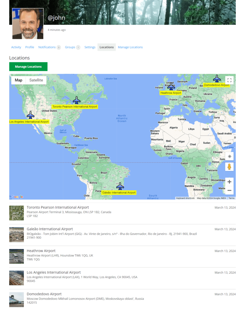 BuddyPress user profile showing user locations