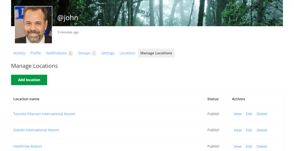 BuddyPress user profile showing user locations dashboard