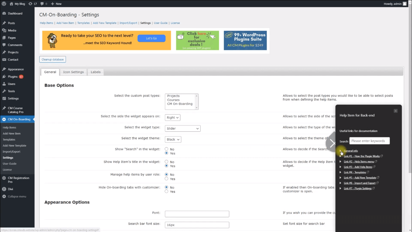 Example of the Back-end OnBoarding Widget