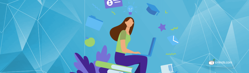 Colorful graphic featuring a woman with a laptop sat on a stack of books