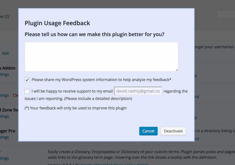 Feedback screen shown when deactivating a plugin - How to Improve WordPress Plugin Onboarding + Checklist