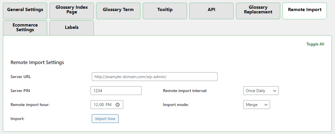 CM Tooltip Glossary Remote Import Settings screen