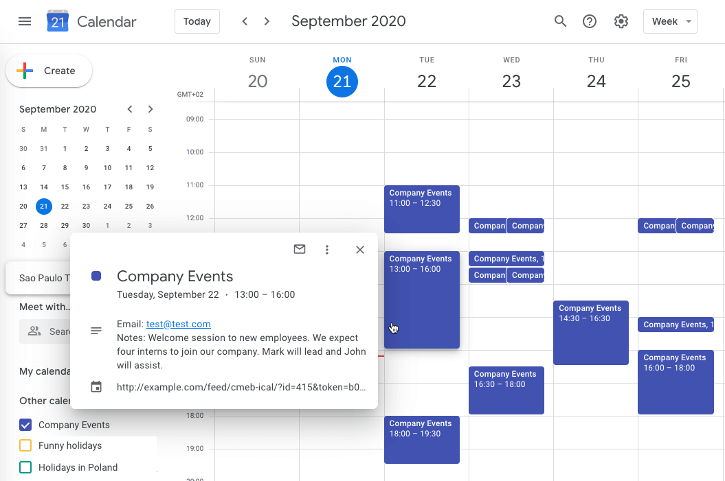 Google Calendar showing calendar managed by the plugin