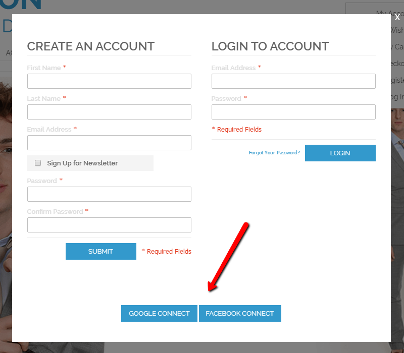 The login and registration screen with social login buttons