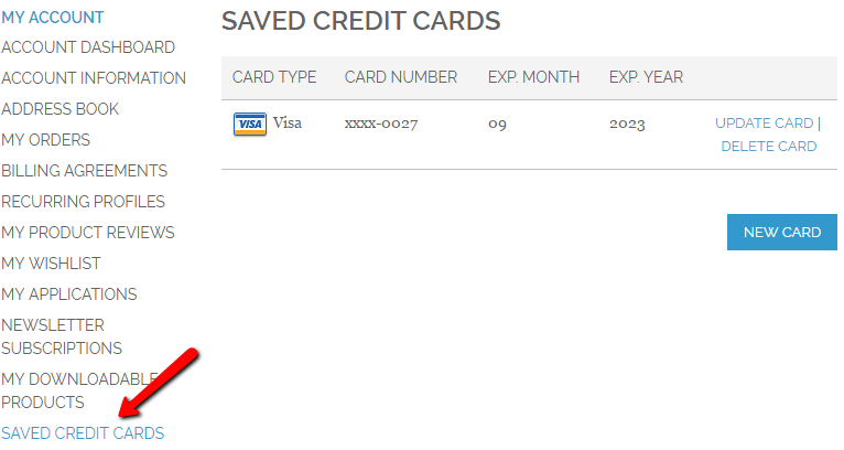 Showing my credit cards section in the customer account