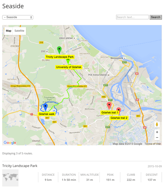 Several routes shown on map - Creating an Awesome Travel Blog Using WordPress