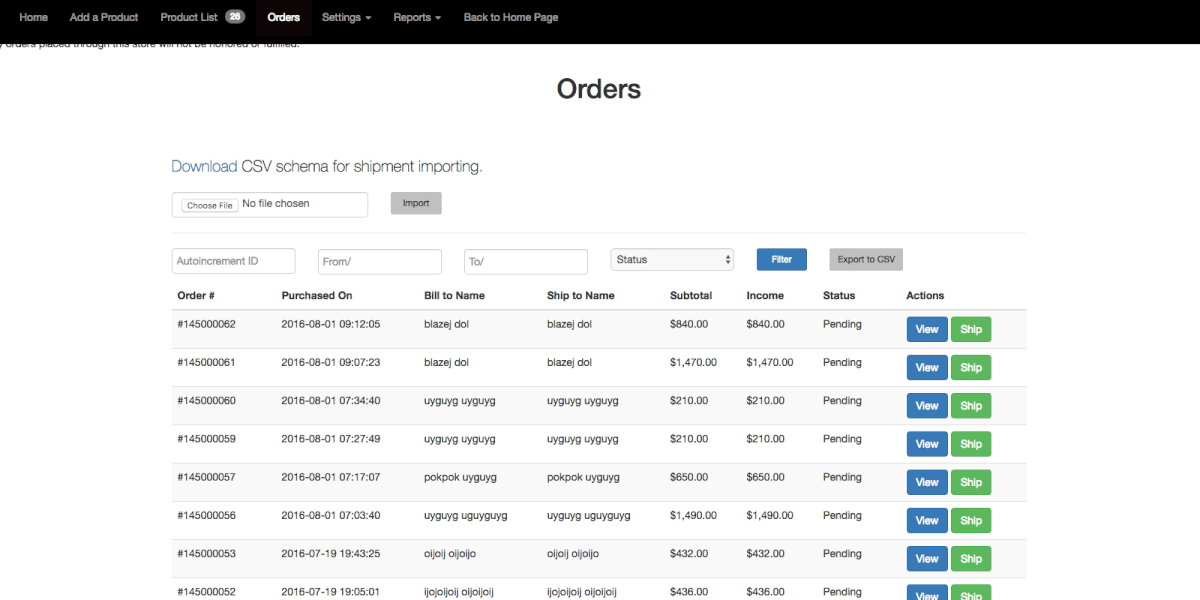 Orders list as shown from the vendor dashboard 