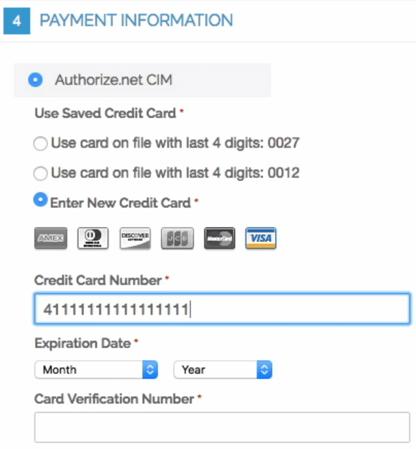 Showing checkout screen with Authorize.Net CIM section embedded