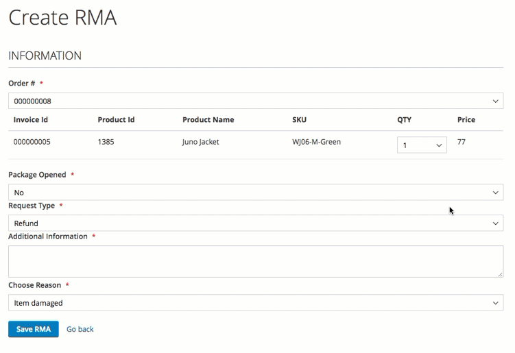 Users frontend - Choosing type - RMA Requests Module