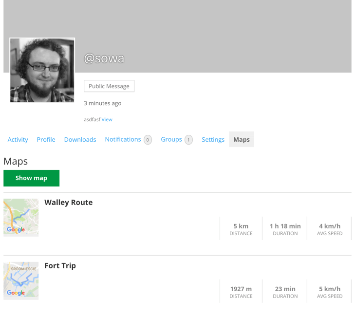 Profile page with posted routes