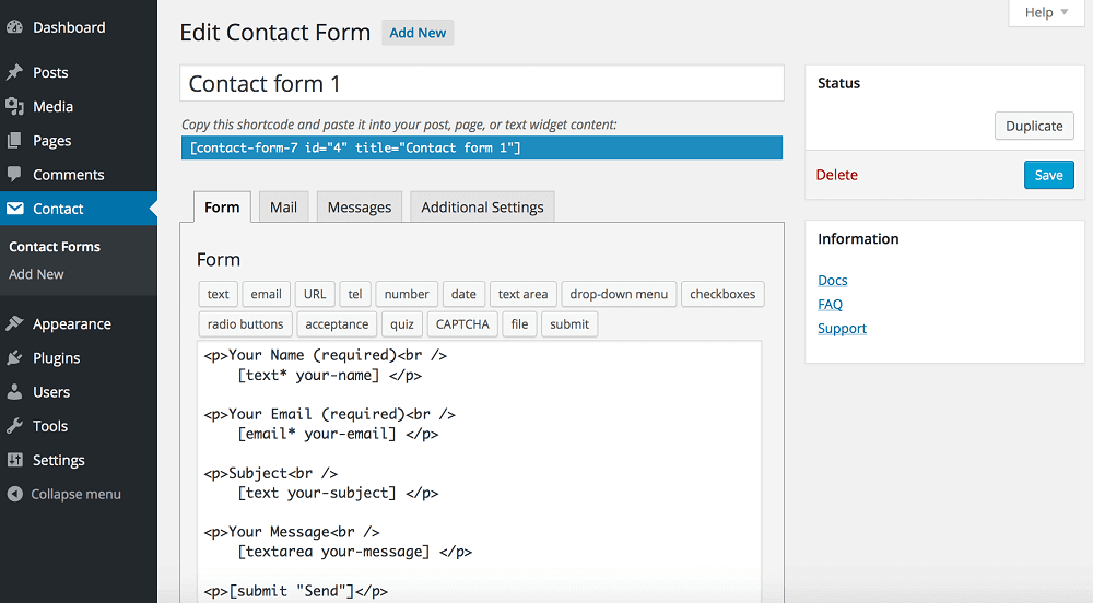 Contact form 7 WordPress Dashboard - 10 Plugins Every WordPress Site Needs