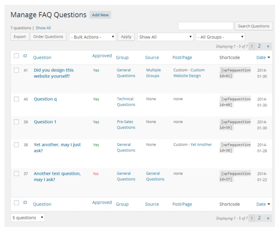 Manage FAQ view shows shortcodes for each FAQ - The 9 Best FAQ WordPress Plugins to Inform your Customers